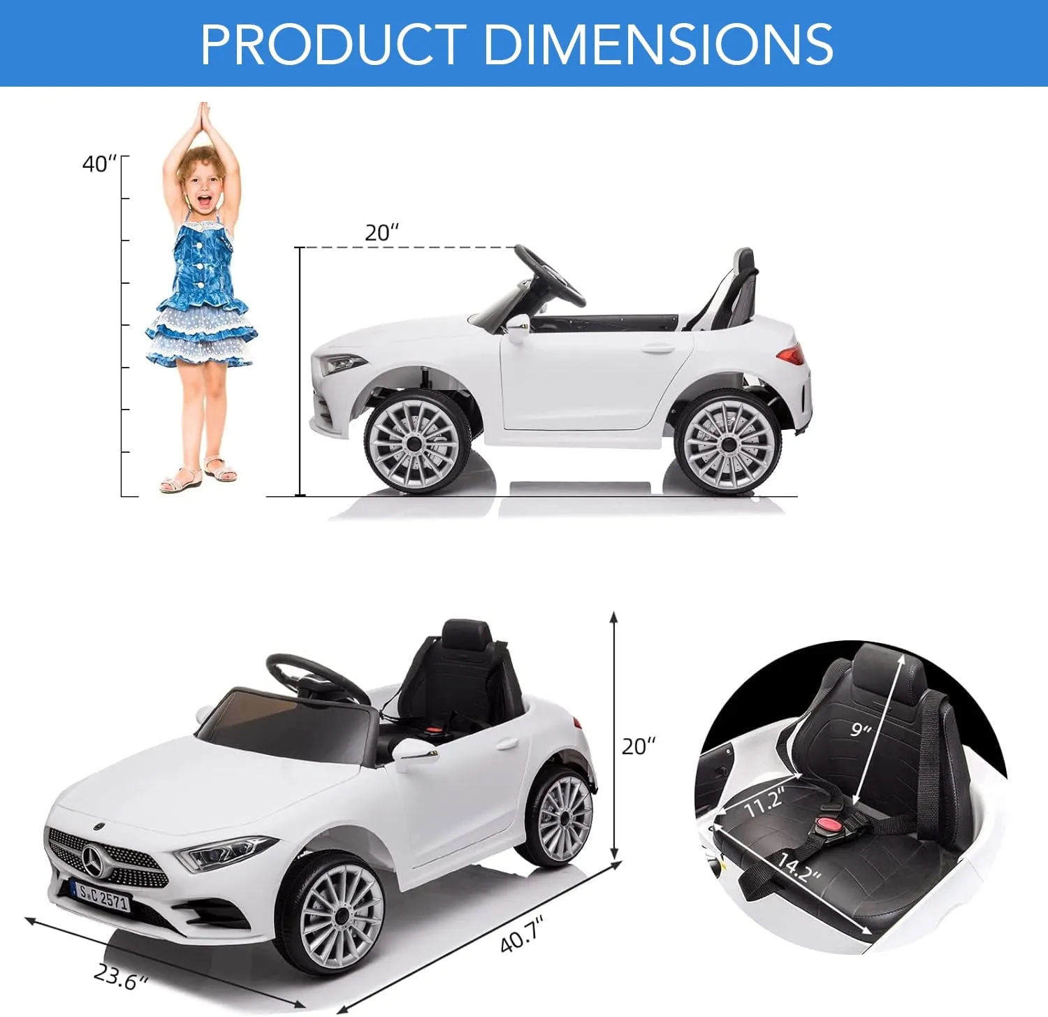 Track 7 12V Ride on Car, Licensed Mercedes-Benz CLS 350 Electric Car for Kids, Ride on Car with Remote Control, Music, Power Display, LED Lights, MP3, Kids Car for Age 3 , White