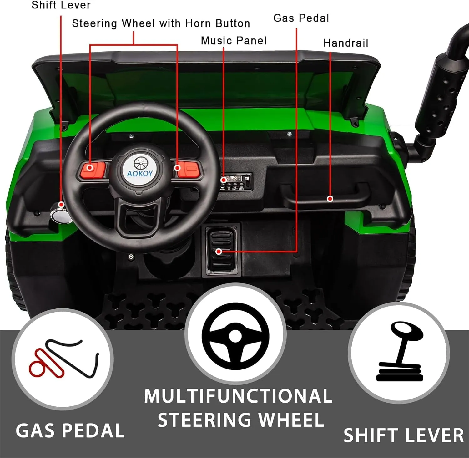 Track 7 24V Ride on Car, 2-Seater Ride On Dump Truck, 6 Wheels Electric Car with Remote Control, Music, Shift Lever, off-Road Ride on UTV, Green