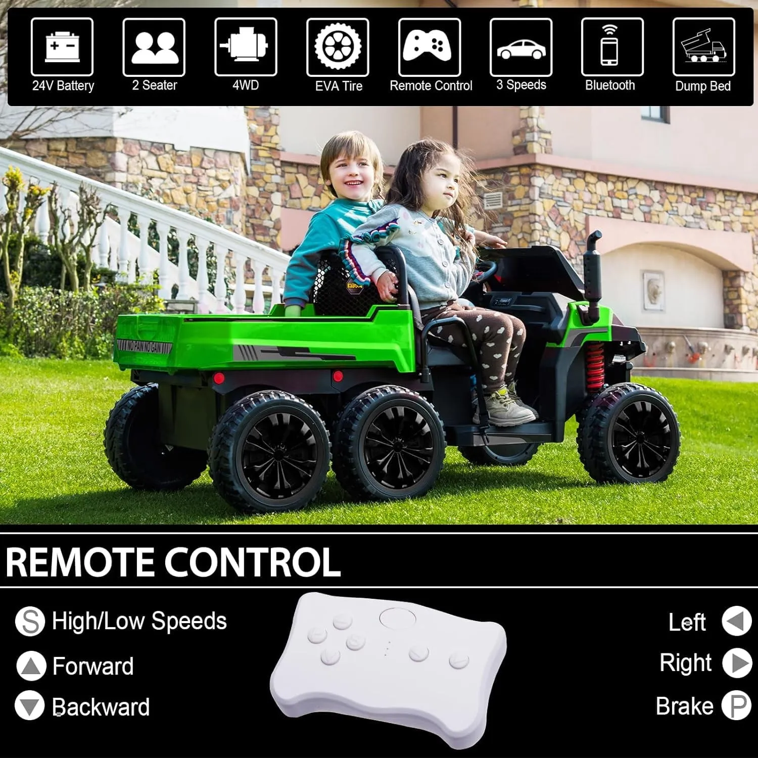 Track 7 24V Ride on Car, 2-Seater Ride On Dump Truck, 6 Wheels Electric Car with Remote Control, Music, Shift Lever, off-Road Ride on UTV, Green