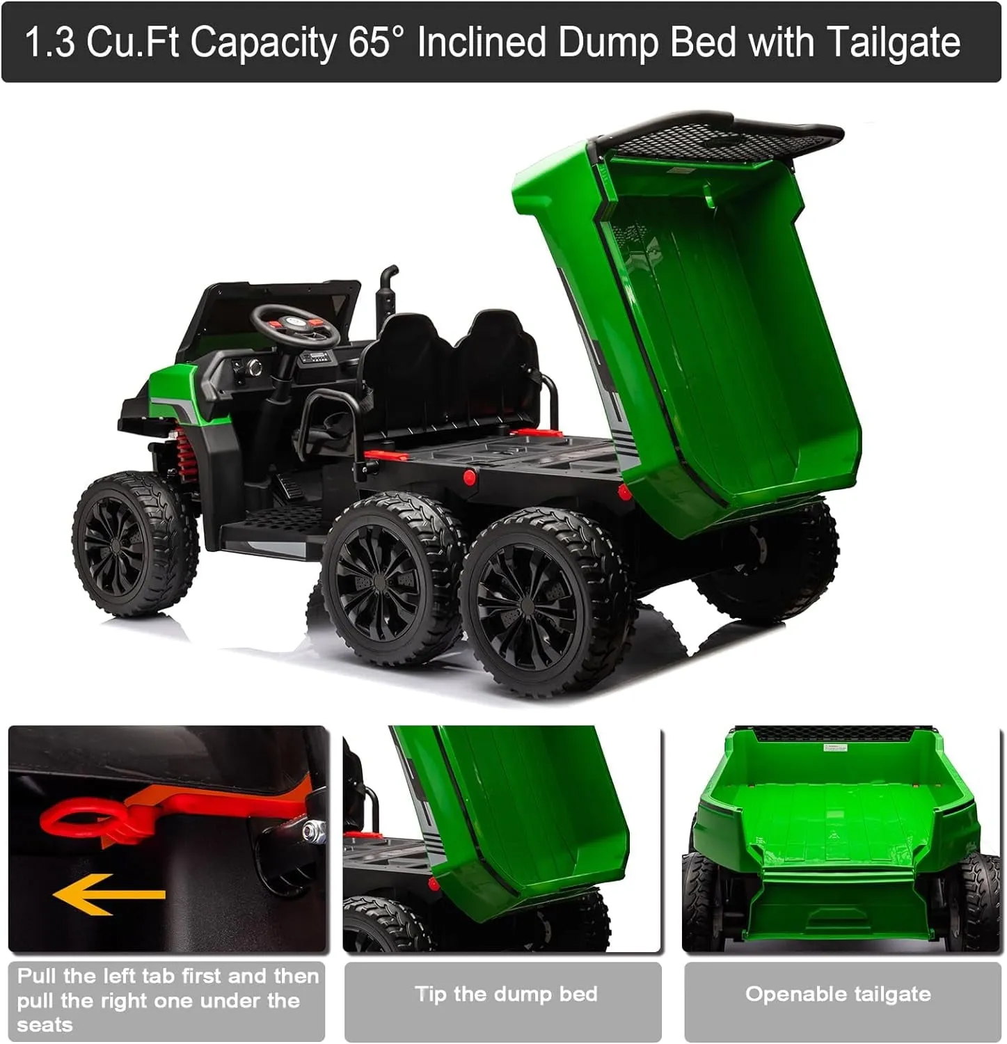 Track 7 24V Ride on Car, 2-Seater Ride On Dump Truck, 6 Wheels Electric Car with Remote Control, Music, Shift Lever, off-Road Ride on UTV, Green