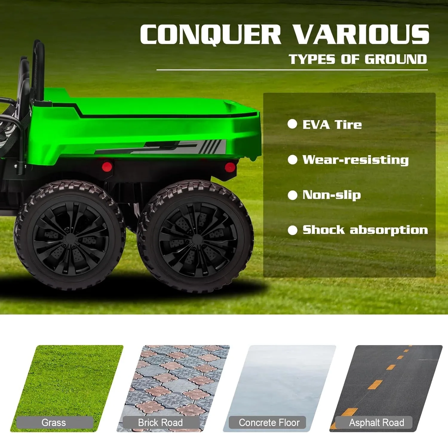 Track 7 24V Ride on Car, 2-Seater Ride On Dump Truck, 6 Wheels Electric Car with Remote Control, Music, Shift Lever, off-Road Ride on UTV, Green