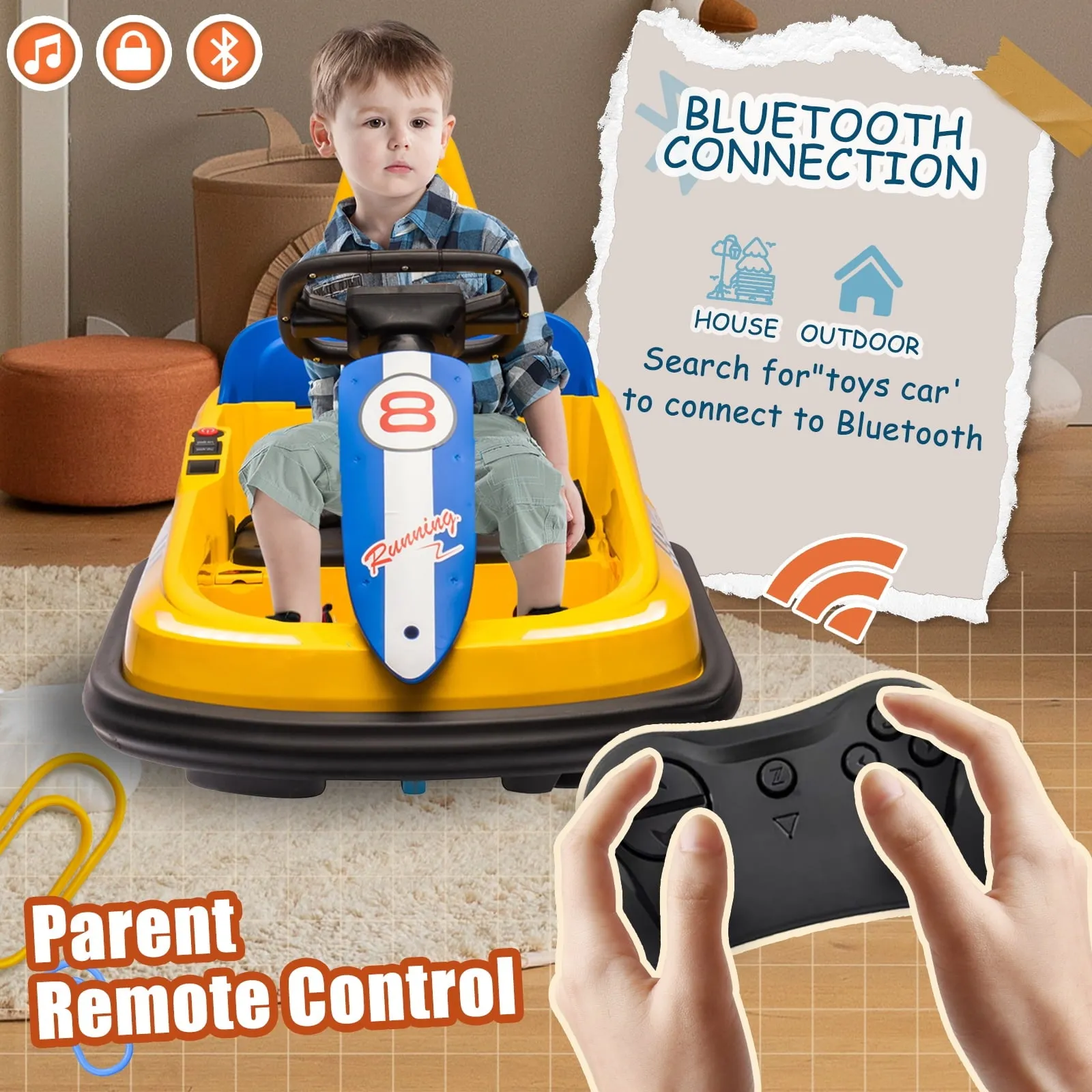 Track 7 6V Kids Ride On Bumper Car, Electric Toddles Ride On Car with Remote Control, 2 Driving Modes for Kids with Three Speed Adjustable, LED Lights, Horn, Bluetooth, Yellow