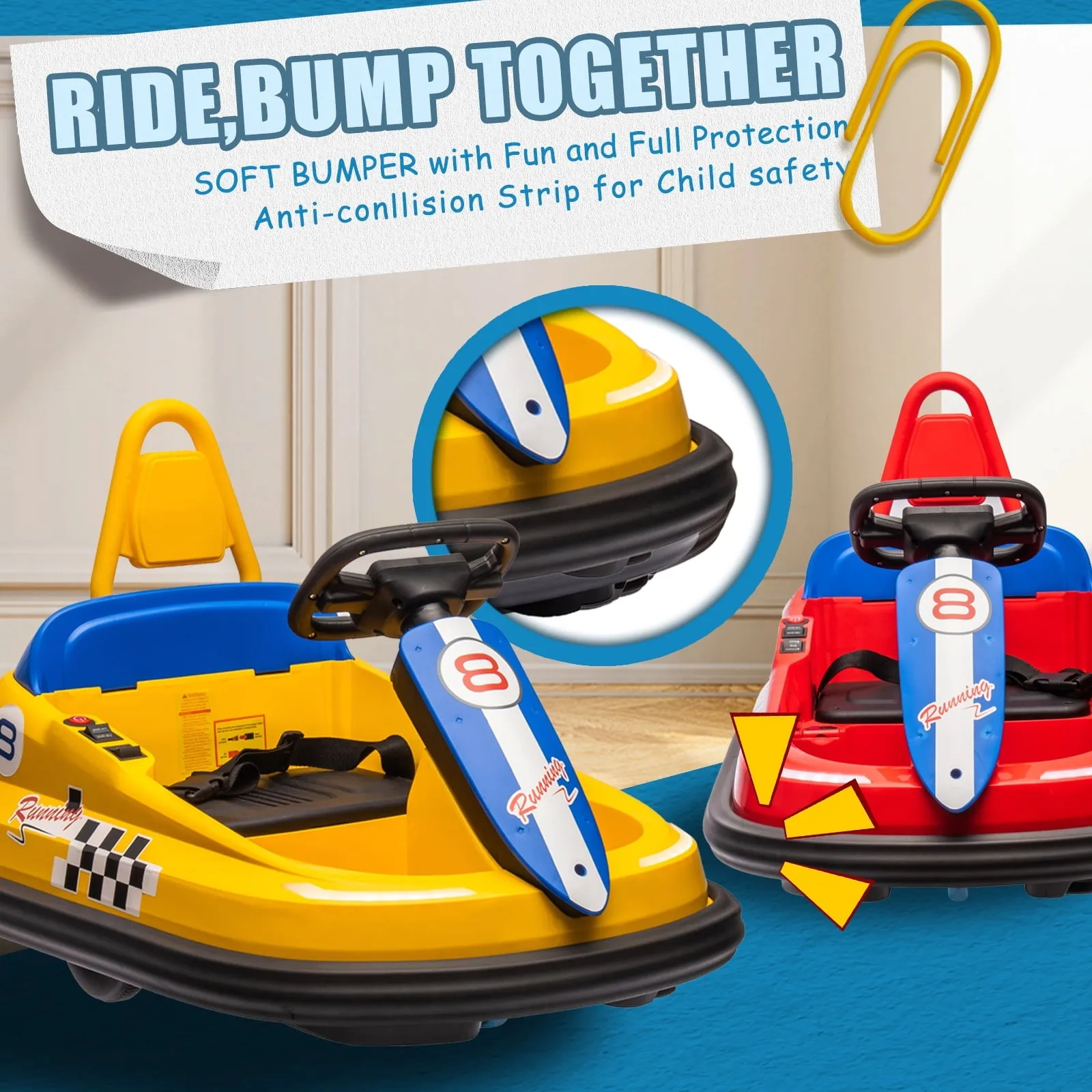 Track 7 6V Kids Ride On Bumper Car, Electric Toddles Ride On Car with Remote Control, 2 Driving Modes for Kids with Three Speed Adjustable, LED Lights, Horn, Bluetooth, Yellow