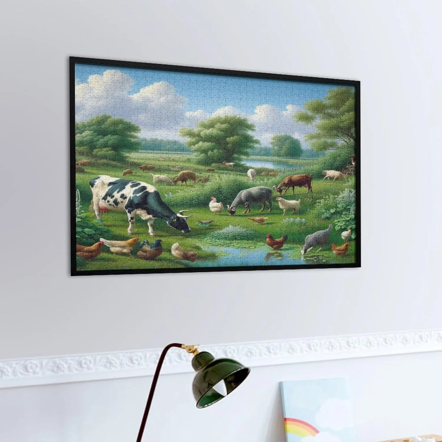 Tranquil Farmland Landscape with Cow, Goat, Hens, Fish Wooden Puzzle 1000 Piece - Farm Animal Cute Goat Puzzle Home Decor Kids Party Entertainment Toys Fun Family Games Gifts