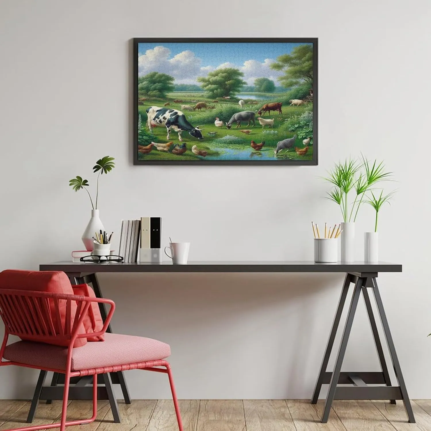 Tranquil Farmland Landscape with Cow, Goat, Hens, Fish Wooden Puzzle 1000 Piece - Farm Animal Cute Goat Puzzle Home Decor Kids Party Entertainment Toys Fun Family Games Gifts