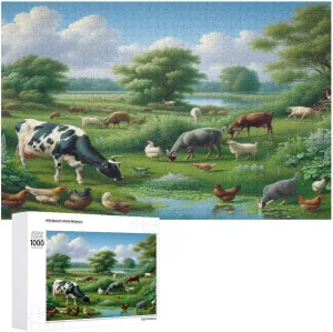 Tranquil Farmland Landscape with Cow, Goat, Hens, Fish Wooden Puzzle 1000 Piece - Farm Animal Cute Goat Puzzle Home Decor Kids Party Entertainment Toys Fun Family Games Gifts