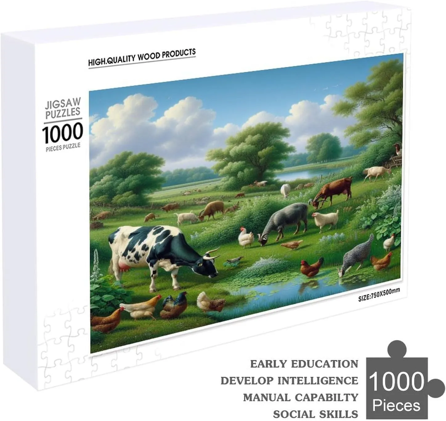 Tranquil Farmland Landscape with Cow, Goat, Hens, Fish Wooden Puzzle 1000 Piece - Farm Animal Cute Goat Puzzle Home Decor Kids Party Entertainment Toys Fun Family Games Gifts