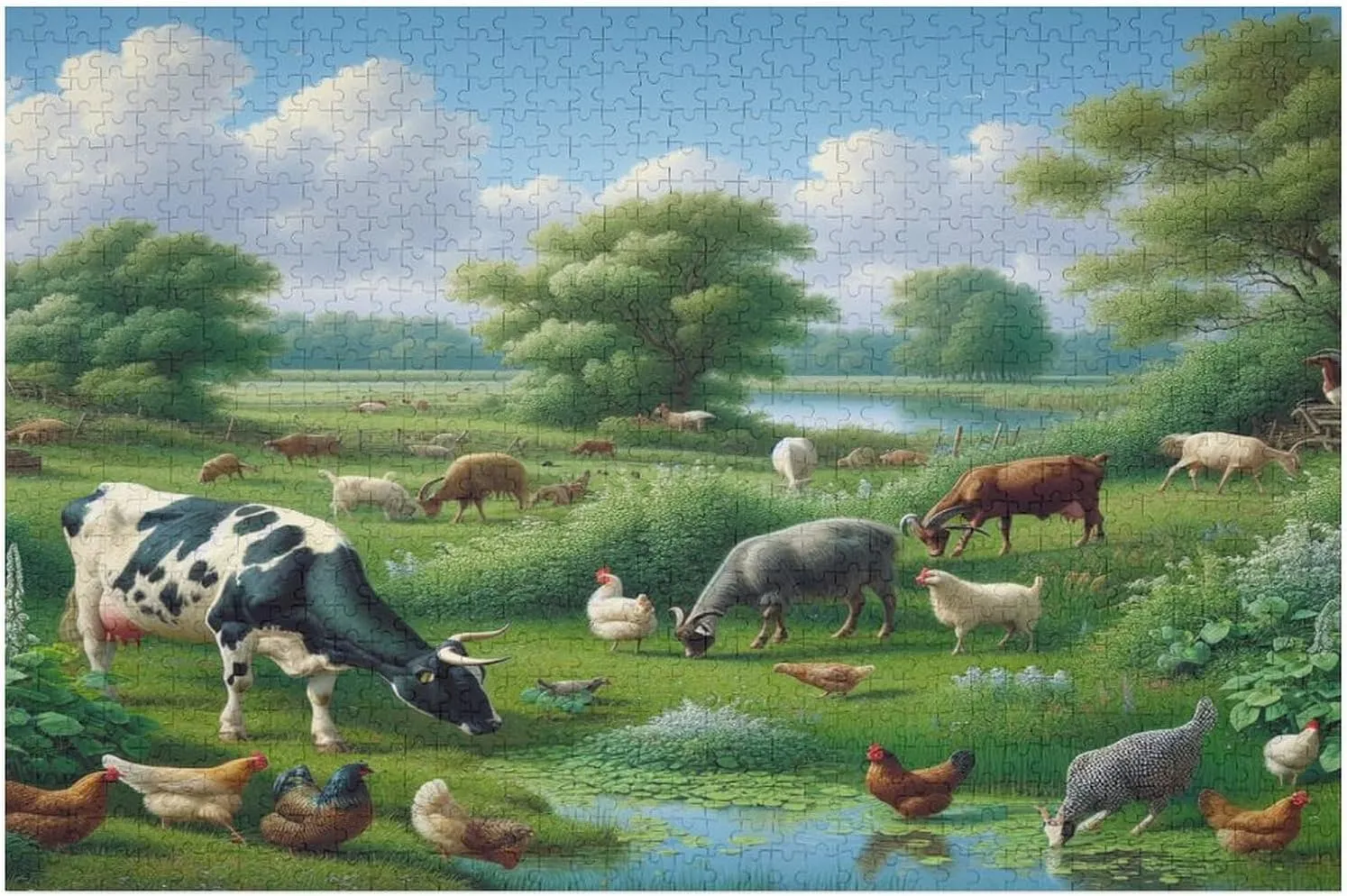 Tranquil Farmland Landscape with Cow, Goat, Hens, Fish Wooden Puzzle 1000 Piece - Farm Animal Cute Goat Puzzle Home Decor Kids Party Entertainment Toys Fun Family Games Gifts