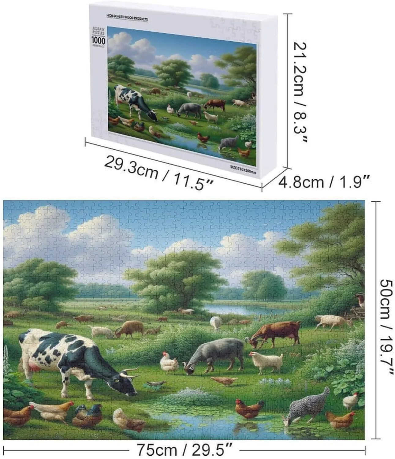 Tranquil Farmland Landscape with Cow, Goat, Hens, Fish Wooden Puzzle 1000 Piece - Farm Animal Cute Goat Puzzle Home Decor Kids Party Entertainment Toys Fun Family Games Gifts
