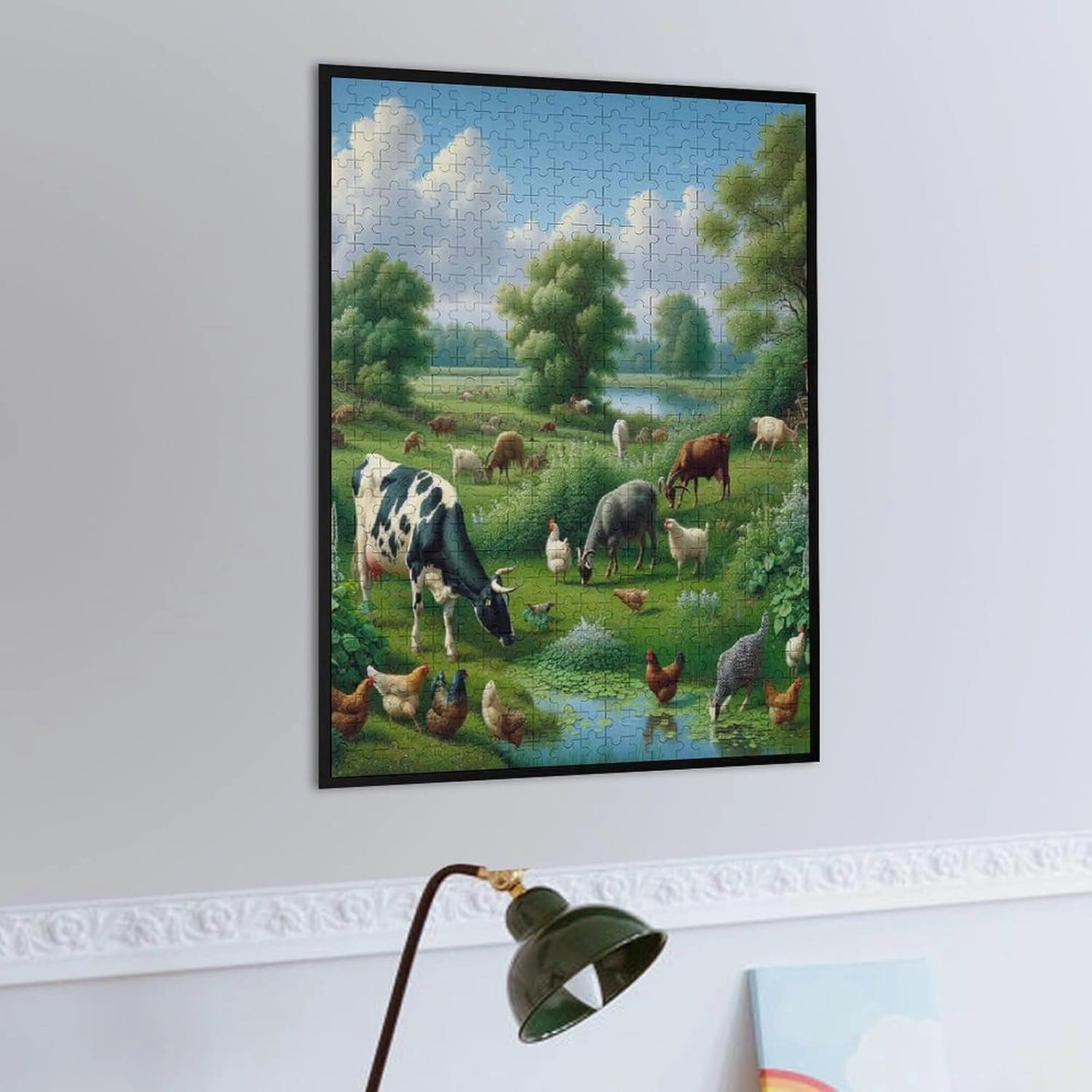 Tranquil Farmland Landscape with Cow, Goat, Hens, and Fish Wooden Puzzle 500 Piece - Farm Animal Cute Goat Puzzle Home Decor Kids Party Entertainment Toys Fun Family Games Gifts