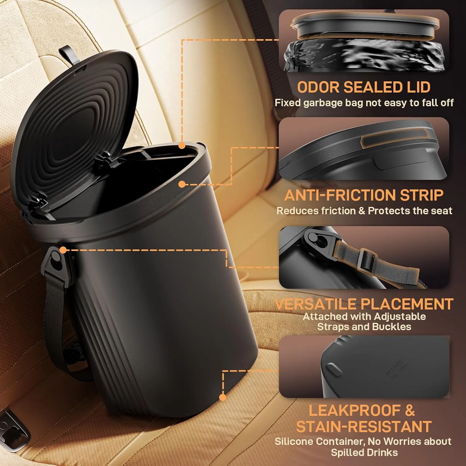 Trash Can for Car Garbage: Leakproof Silicone Car Waste Bin w/Lid for Drivers and Passengers; 1.9 Gallon Garbage Container for Vehicle, Sedan, SUV, Van, MPV & Truck (Black)