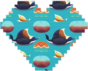 Tropical Fish Pattern Print Building Brick Block Puzzle - Heart Shaped Picture Puzzles, Wooden Picture Jigsaw Puzzles