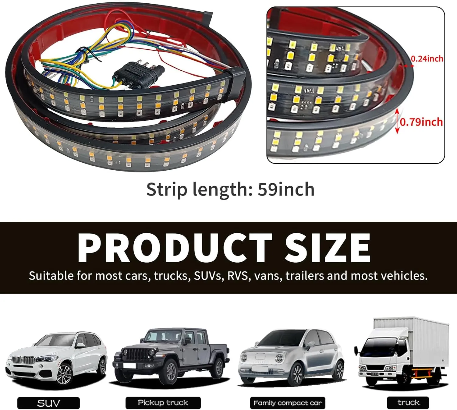 Truck Tailgate Light Bar 59", Triple Row LED Tail Light Strip with Brake Reverse Turning Signals Strobe Lights, IP67 Waterproof Rear Light Bar for Pickup Trailer SUV RV Van