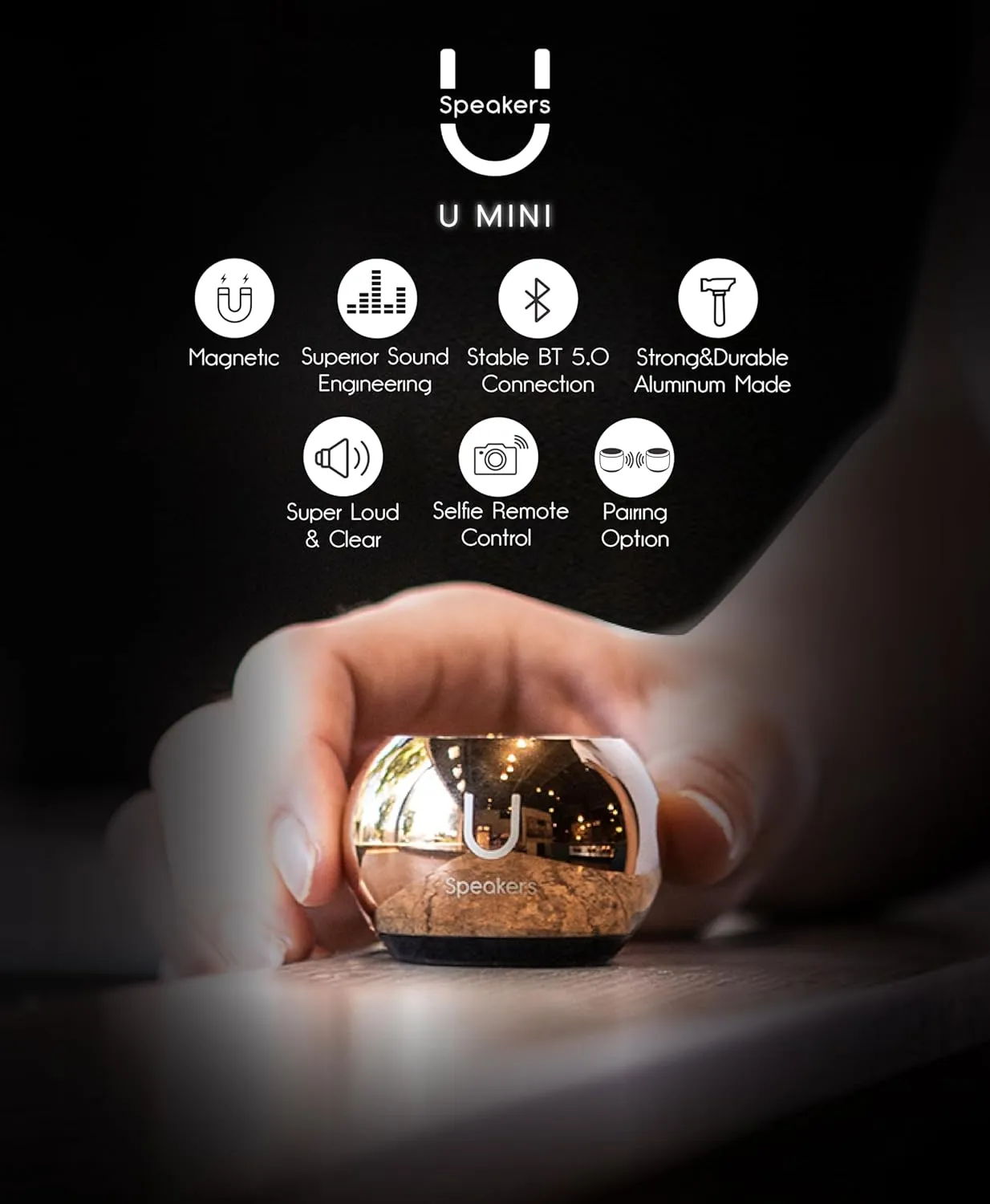 U Mini Speaker | Stylish Portable Wireless Bluetooth 5.0 with Built-in Mic & Remote Shutter | Perfect Mini Speaker for Home, Parties, Activities! Small Device, Rich Sound | Mirror Gold
