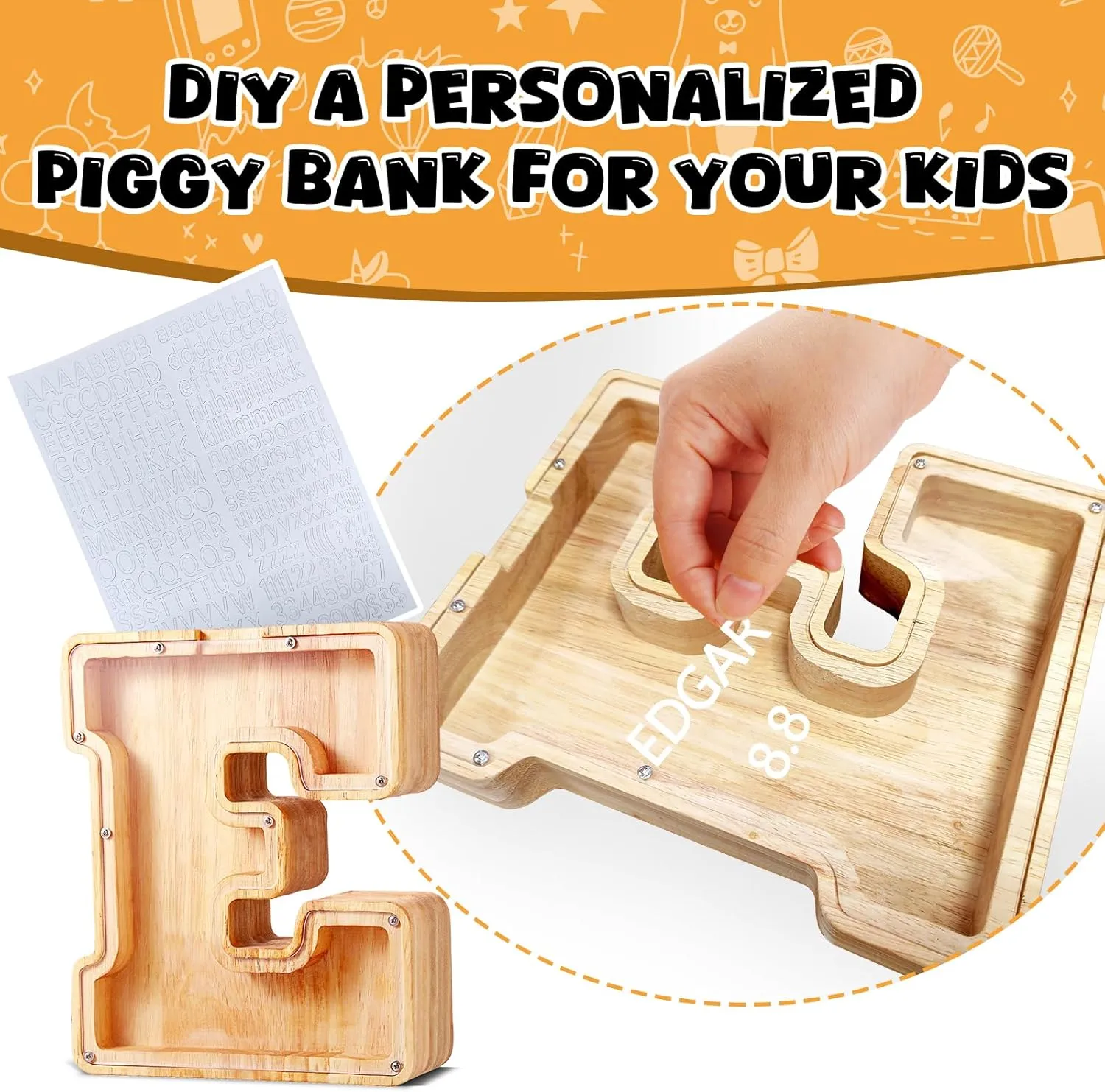 UBeesize Large Letter Piggy Bank for Kids Boys Girls,Wooden Personalized 26 Alphabet Piggy Banks with Target Area Clear Alphabet Banknote Coin Banks for Gift Decoration(C)