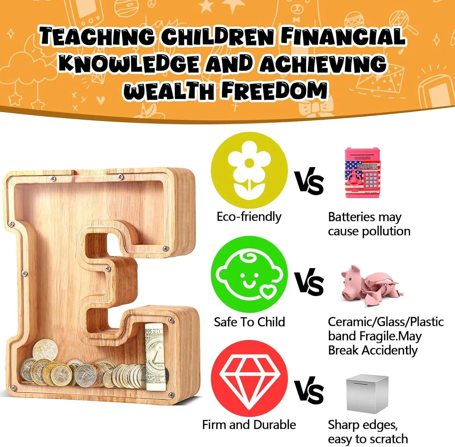 UBeesize Large Letter Piggy Bank for Kids Boys Girls,Wooden Personalized 26 Alphabet Piggy Banks with Target Area Clear Alphabet Banknote Coin Banks for Gift Decoration(C)