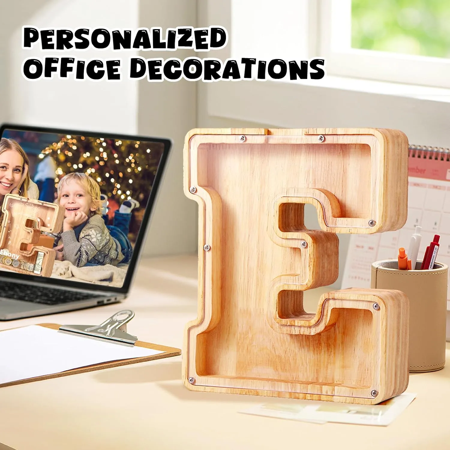 UBeesize Large Letter Piggy Bank for Kids Boys Girls,Wooden Personalized 26 Alphabet Piggy Banks with Target Area Clear Alphabet Banknote Coin Banks for Gift Decoration(C)