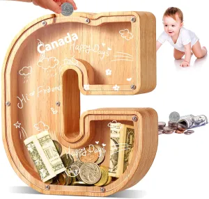UBeesize Large Letter Piggy Bank for Kids Boys Girls,Wooden Personalized 26 Alphabet Piggy Banks with Target Area Clear Alphabet Banknote Coin Banks for Gift Decoration(C)