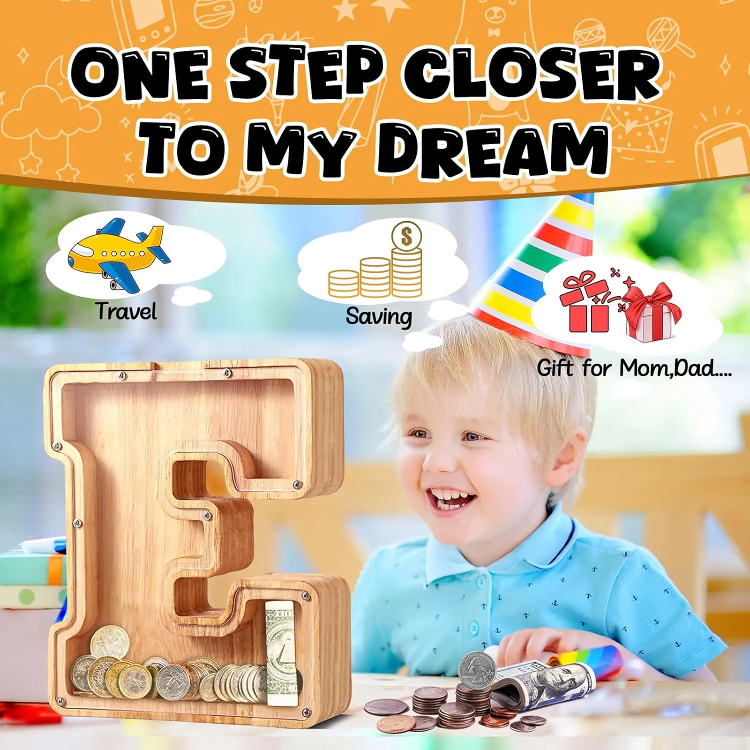 UBeesize Large Letter Piggy Bank for Kids Boys Girls,Wooden Personalized 26 Alphabet Piggy Banks with Target Area Clear Alphabet Banknote Coin Banks for Gift Decoration(C)