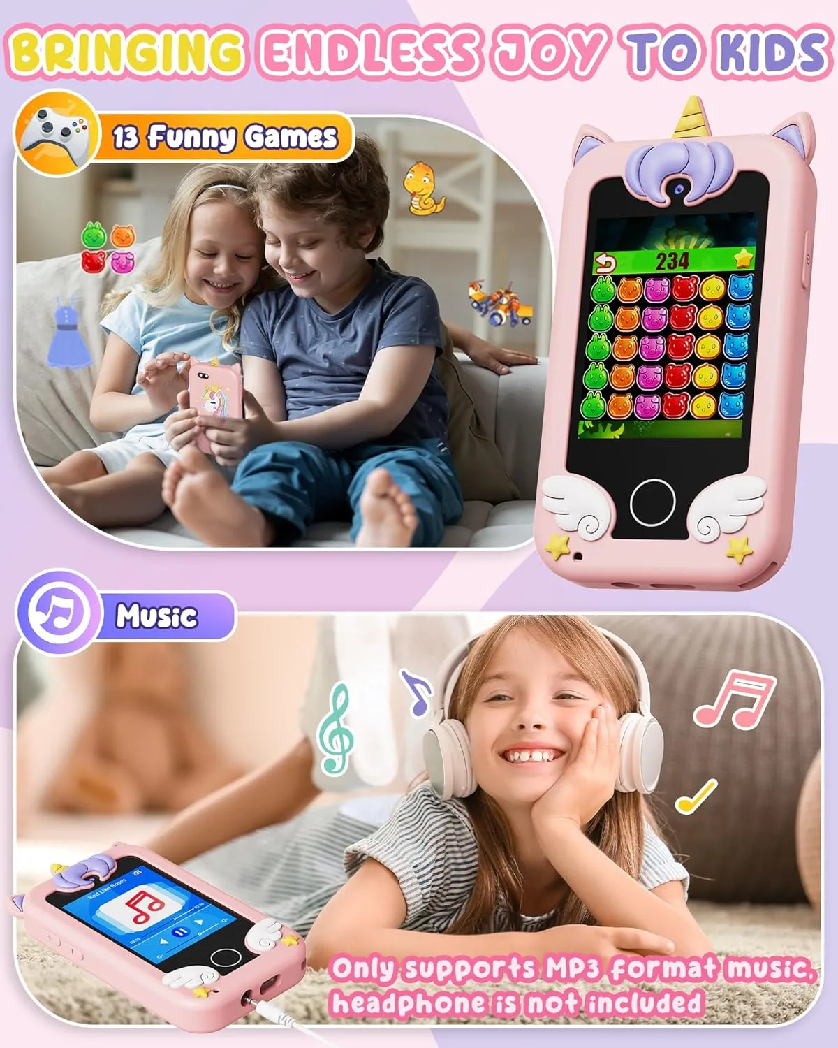 UCIDCI Unicorn Kids Smart Phone Toys for Girls Ages 3-7 with Dual Camera - Toddler Phone with Learning Games, Travel Toys with MP3 Music Player for Christmas, Birthday Gifts for 3 4 5 6 7 Year Old