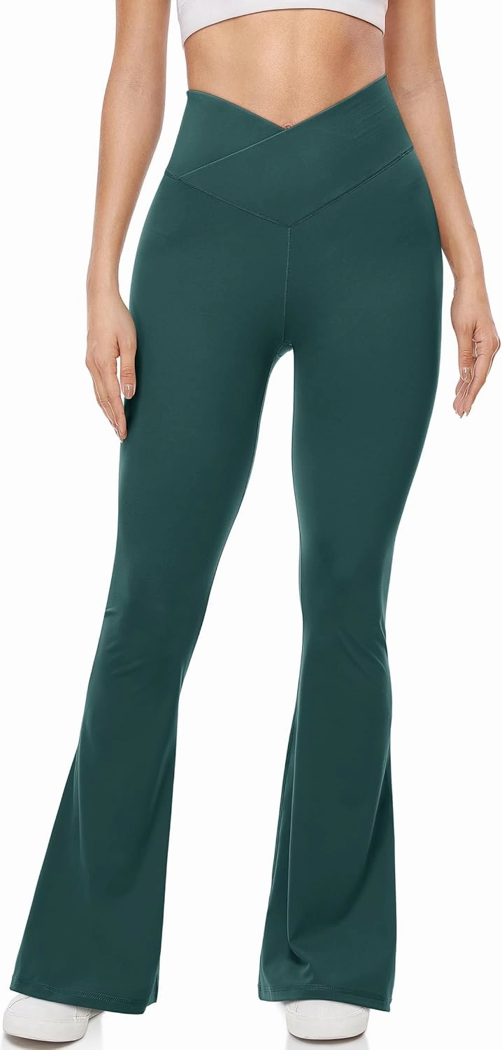 UEU Flare Leggings for Women with Tummy Control, V Crossover High Waisted Yoga Pants, Bootcut Wide Leg, 29-33" Inseam