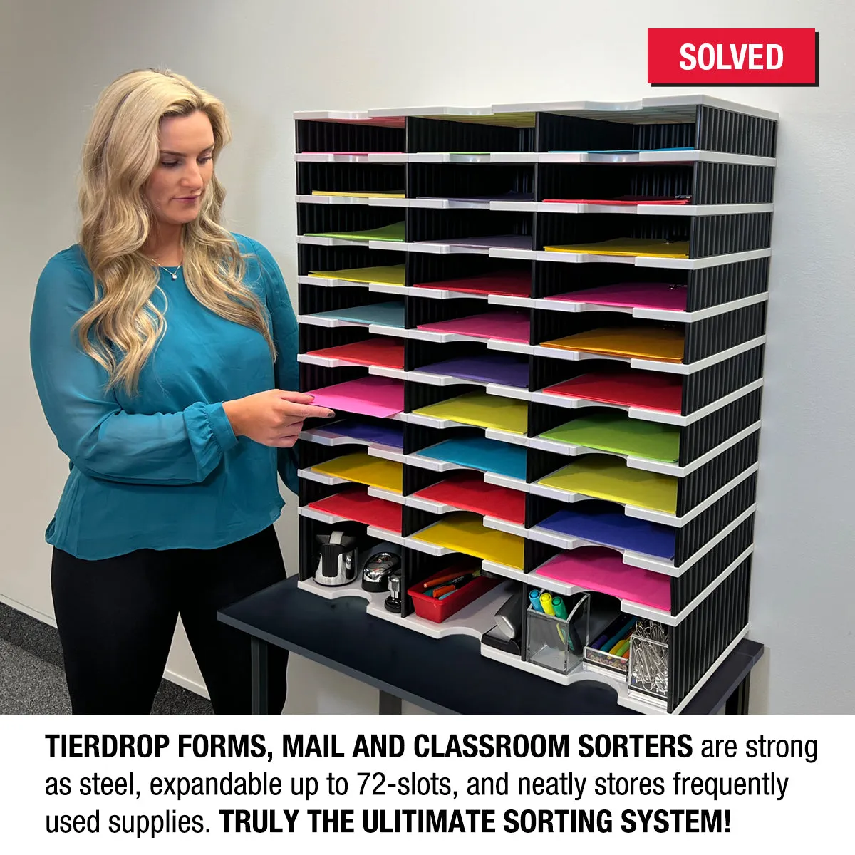Ultimate Office TierDrop™ PLUS 30-Slot with Riser Storage Base, 28 ½"w Literature, Forms, Mail and Classroom Sorter