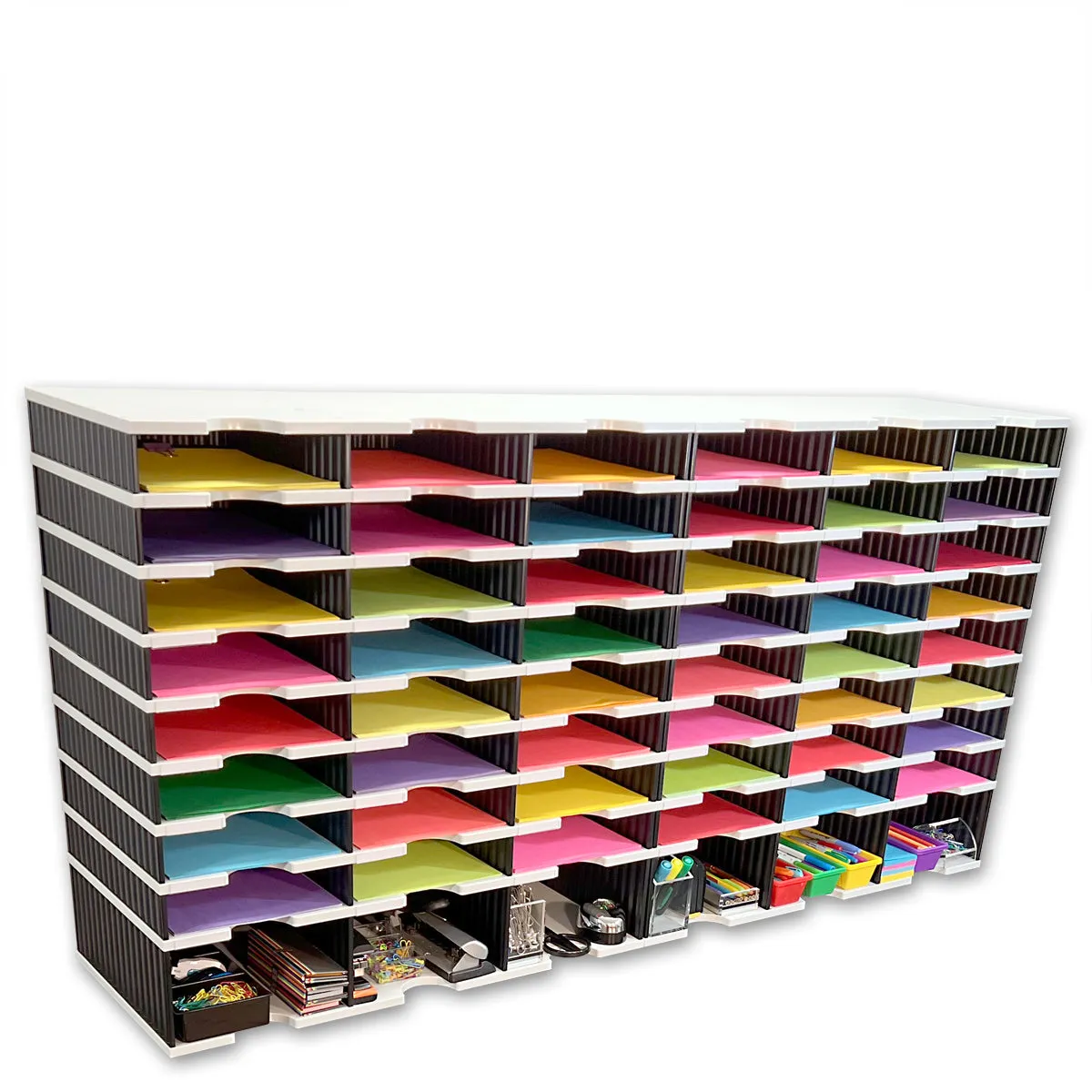 Ultimate Office TierDrop™ PLUS 48-Slot with Riser Storage Base, 57"w Literature, Forms, Mail and Classroom Sorter
