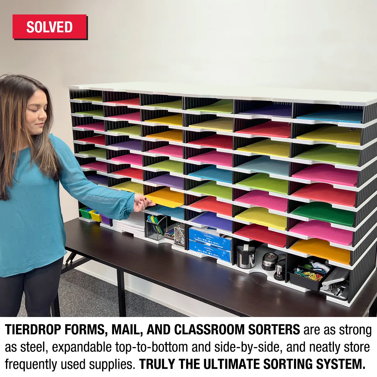 Ultimate Office TierDrop™ PLUS 48-Slot with Riser Storage Base, 57"w Literature, Forms, Mail and Classroom Sorter