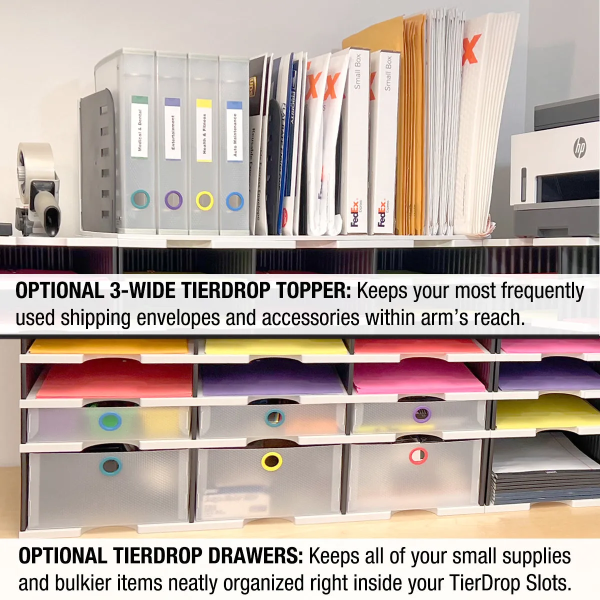 Ultimate Office TierDrop™ PLUS 60-Slot with Riser Storage Base, 57"w Literature, Forms, Mail and Classroom Sorter