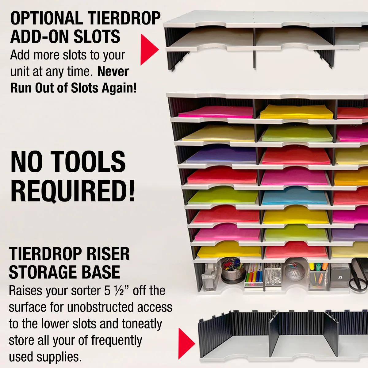 Ultimate Office TierDrop™ PLUS 60-Slot with Riser Storage Base, 57"w Literature, Forms, Mail and Classroom Sorter