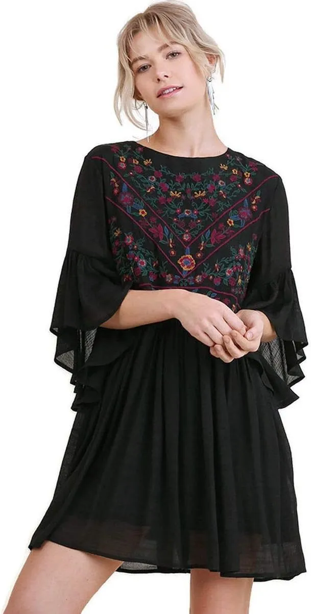Umgee Women's Floral Embroidered Keyhole Bell Sleeve Mini Dress Bohemian