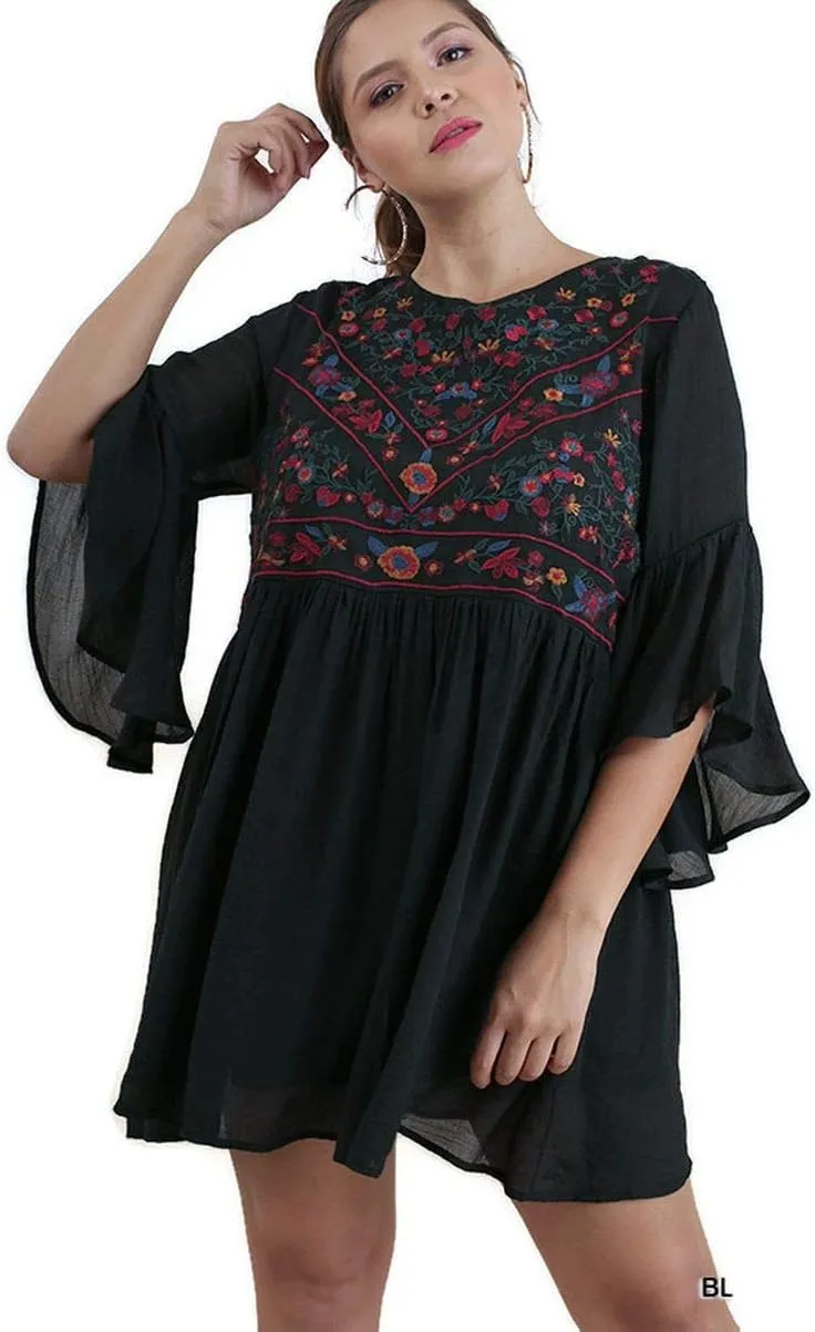 Umgee Women's Floral Embroidered Keyhole Bell Sleeve Mini Dress Bohemian