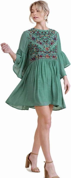 Umgee Women's Floral Embroidered Keyhole Bell Sleeve Mini Dress Bohemian