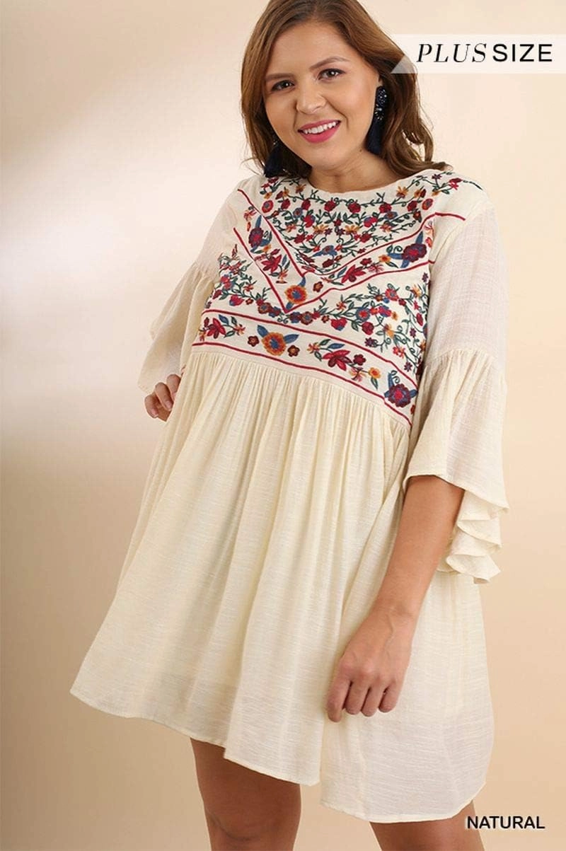 Umgee Women's Floral Embroidered Keyhole Bell Sleeve Mini Dress Bohemian