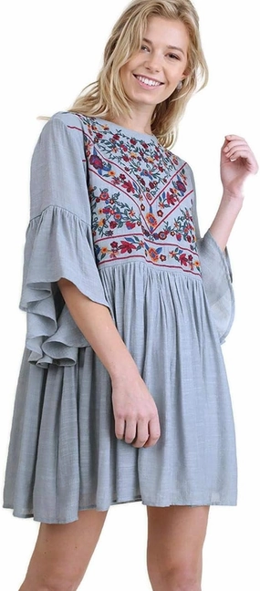 Umgee Women's Floral Embroidered Keyhole Bell Sleeve Mini Dress Bohemian