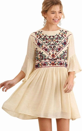 Umgee Women's Floral Embroidered Keyhole Bell Sleeve Mini Dress Bohemian