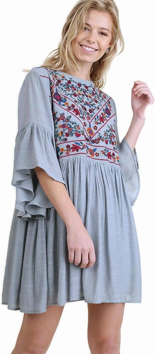 Umgee Women's Floral Embroidered Keyhole Bell Sleeve Mini Dress Bohemian