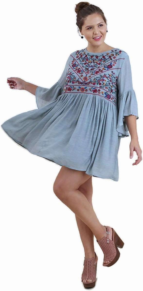 Umgee Women's Floral Embroidered Keyhole Bell Sleeve Mini Dress Bohemian