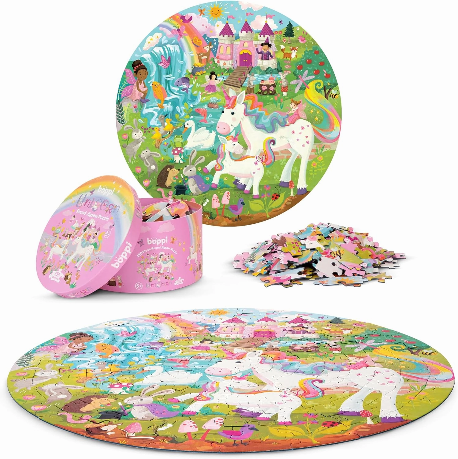 Unicorn Jigsaw Puzzle for Kids Ages 5-8 - 150 Piece Round Unicorn Kids Puzzles - Princess Puzzle with Fairies and Animals Made with 100% Recycled Card by boppi