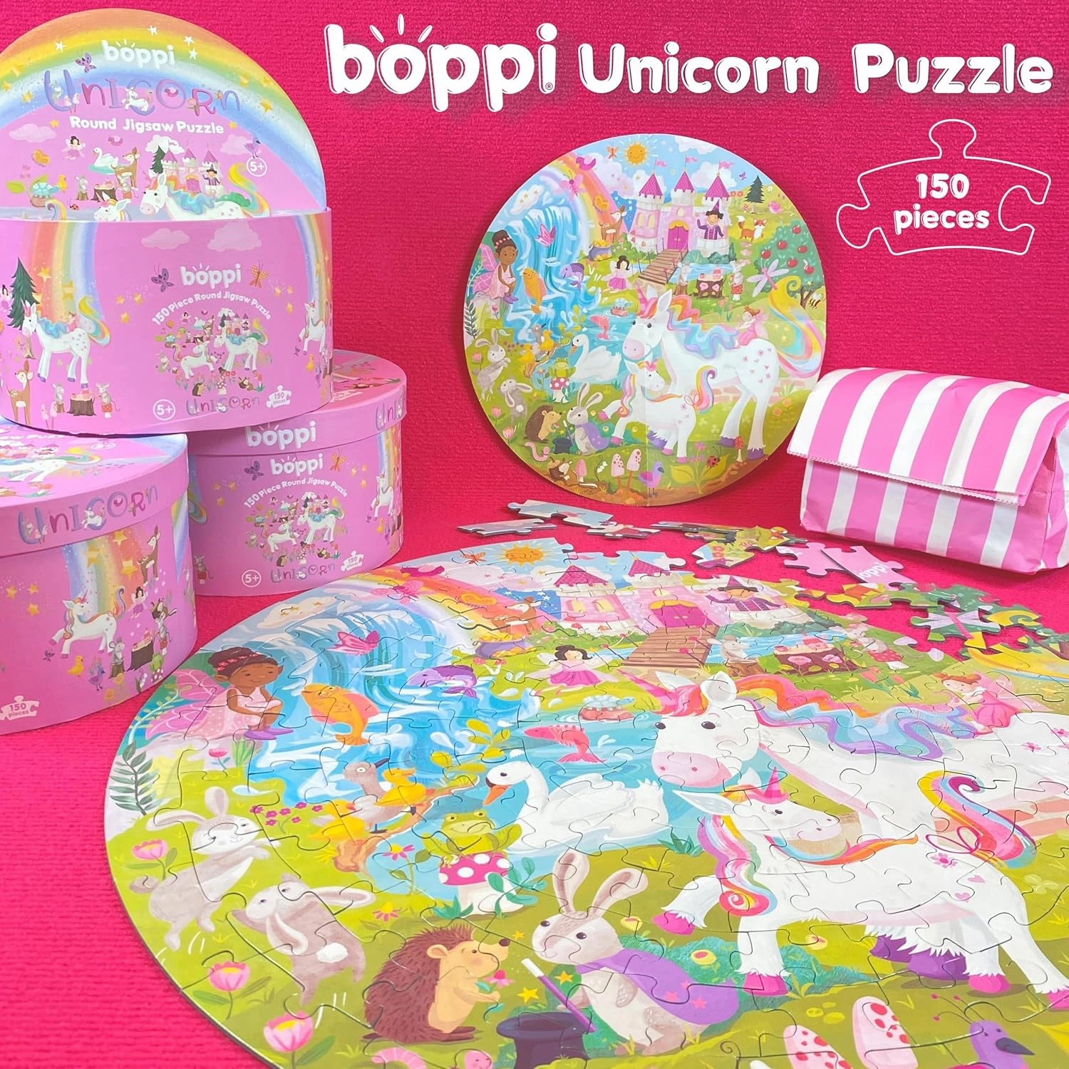 Unicorn Jigsaw Puzzle for Kids Ages 5-8 - 150 Piece Round Unicorn Kids Puzzles - Princess Puzzle with Fairies and Animals Made with 100% Recycled Card by boppi