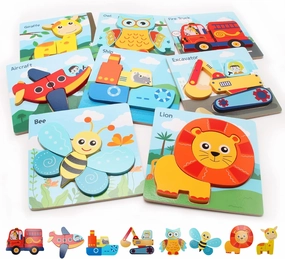 UNIWA Wooden Puzzles for Toddlers 1-3, Wooden Jigsaw Puzzles for 1 2 3 Year Old Toddlers, 8 Pack Animal, Vehicle Puzzles Montessori Toys, Learning Educational Christmas Birthday Gifts for Girls Boys…