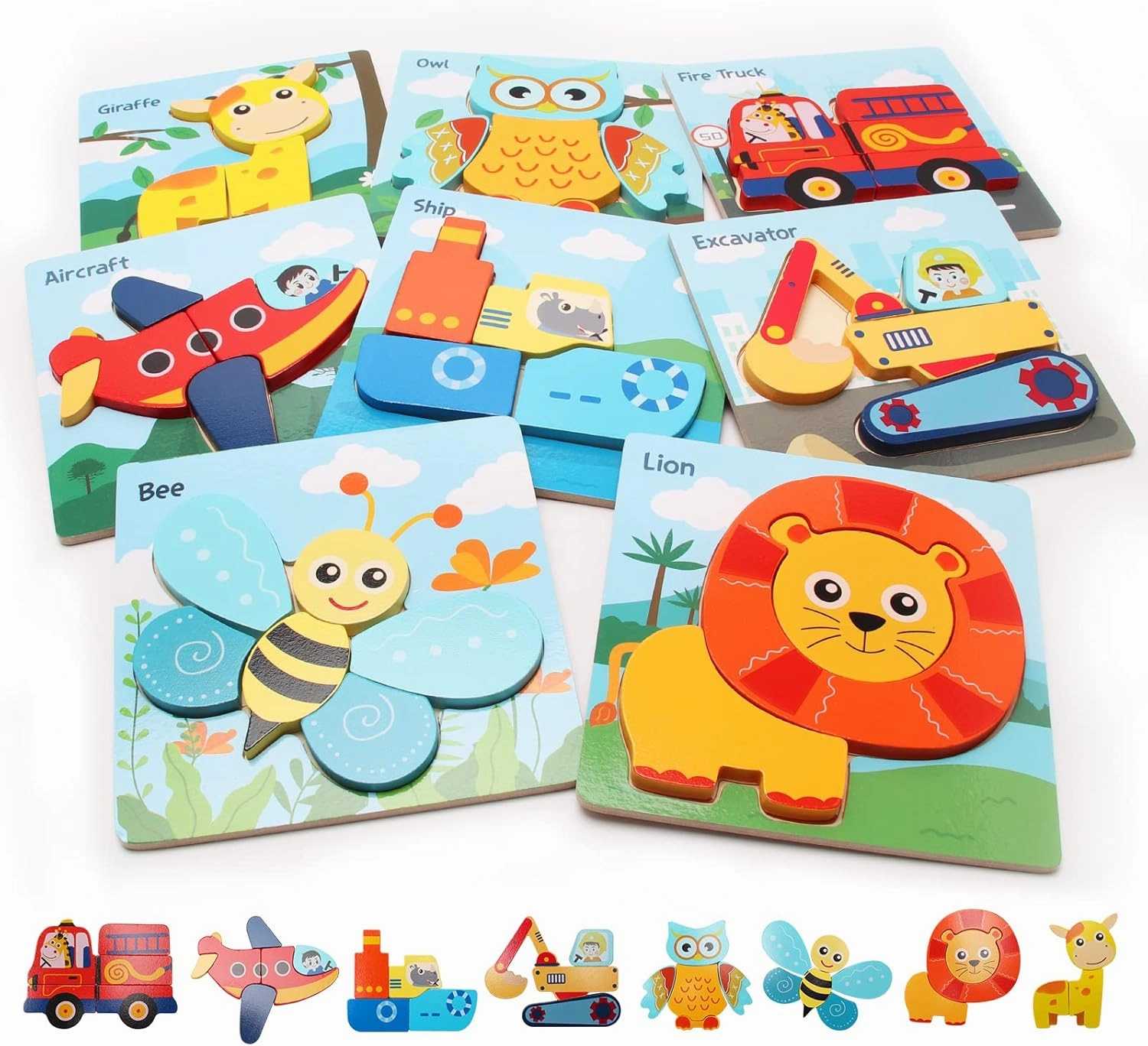 UNIWA Wooden Puzzles for Toddlers 1-3, Wooden Jigsaw Puzzles for 1 2 3 Year Old Toddlers, 8 Pack Animal, Vehicle Puzzles Montessori Toys, Learning Educational Christmas Birthday Gifts for Girls Boys…