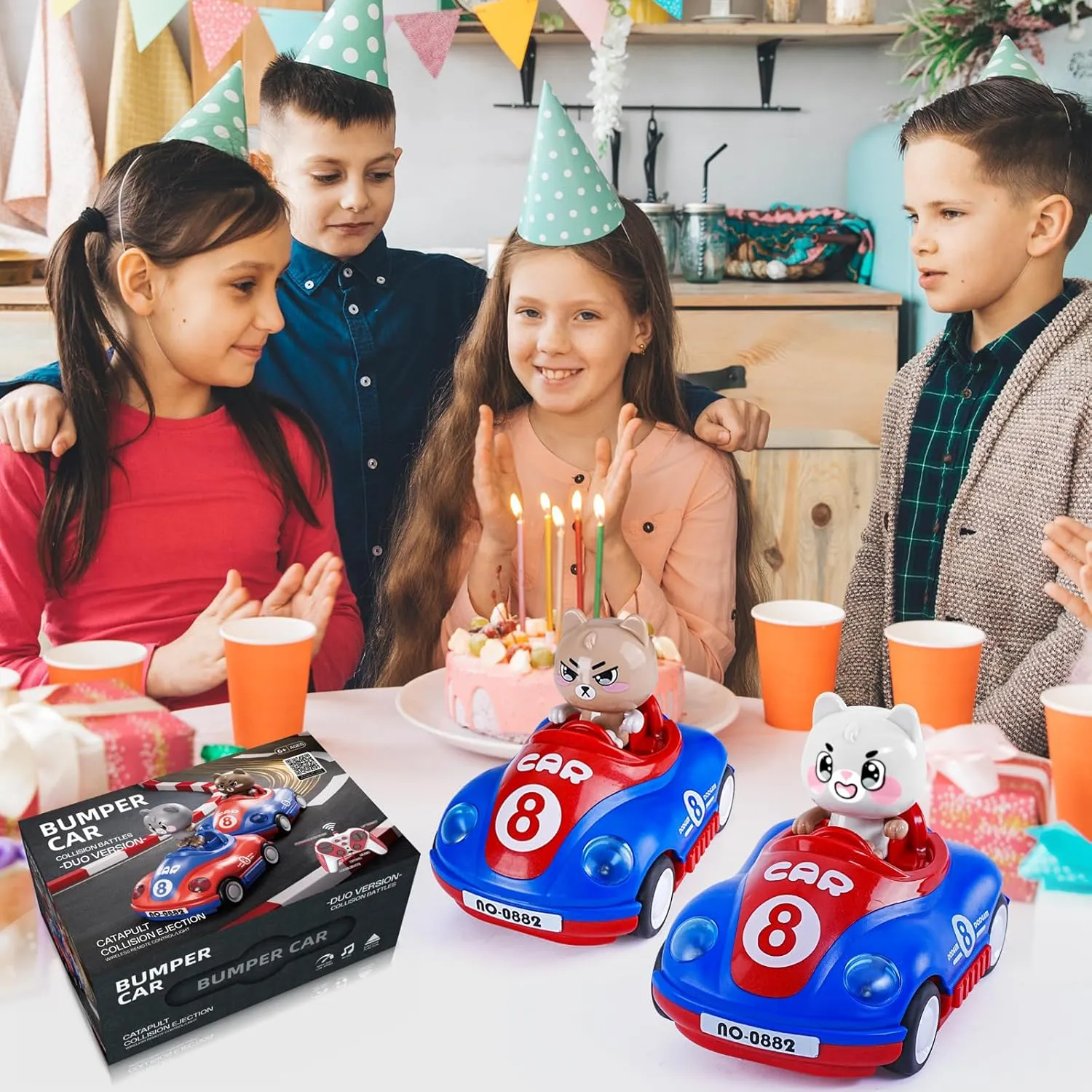 Unseen Enchantment 2 Pack Cartoon Remote Control Cars Cute Cat and Race Car Set of 2 for Boys&Girls 3-6 So Both Can Race Together - Gifts for Toddler Boys Birthday Gifts（Blue&Red）
