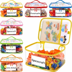 Upgraded 6 Pack Clear Toy Storage Bag - with Name Tag Manual Pocket, Transparent PVC Toy Organizer Case with Zipper for Board Game, Building Block, Puzzle, Large Capacity for Kids Ages 6  (Colorful)