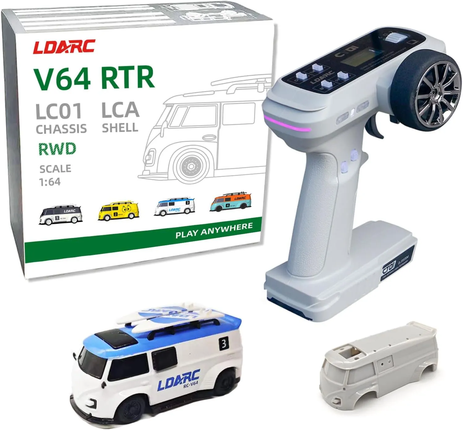 V64 LDARC 1/64 Scale Mini RC Sports Car 2.4Ghz Ideal for Racing Enthusiasts, Racing Remote Contrl Car Model with RGB Lights Comes with DIY Interchangeable Body Case（Blue）