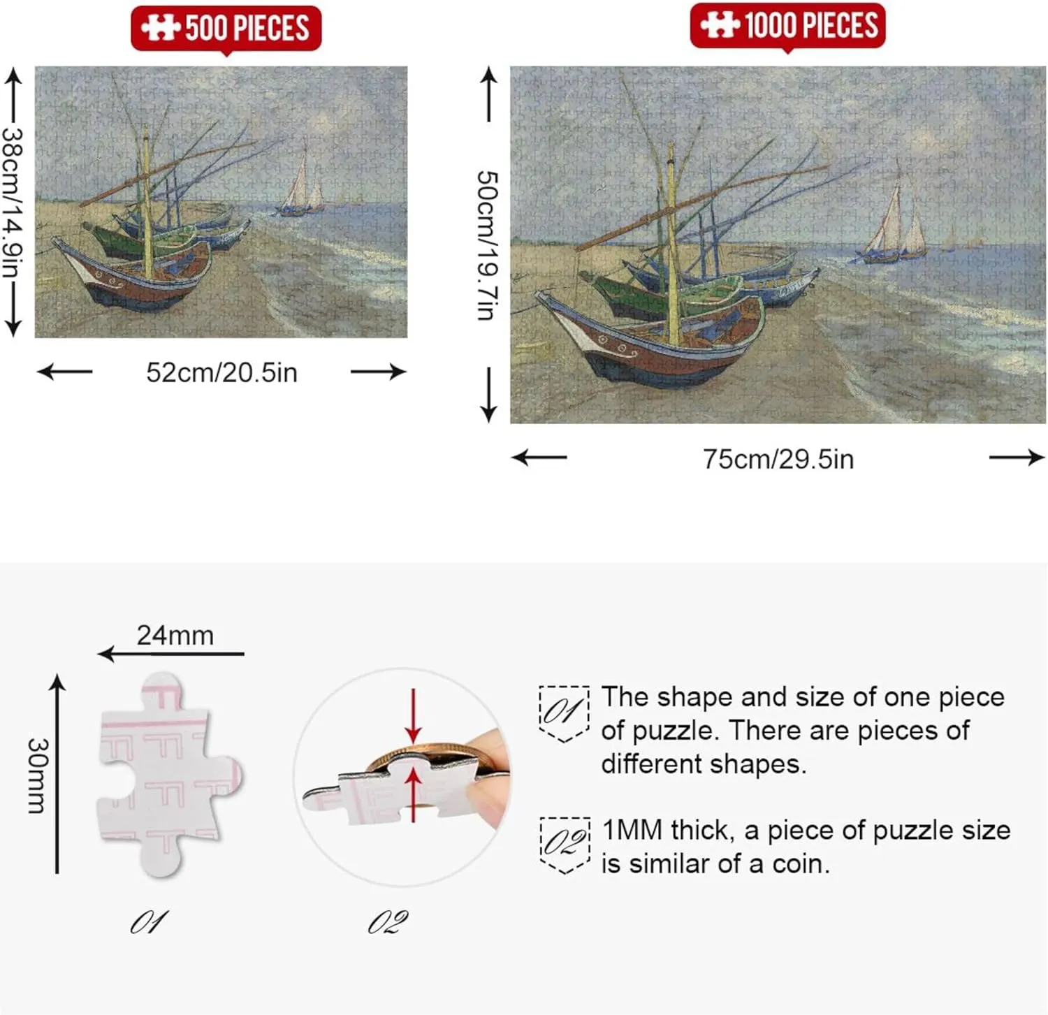 Vangogh Fishing Boats Beach Jigsaw Puzzles for Adults 1000 Pieces Funny Game Tech Gifts Fun Puzzle Artwork Painting, 29.5x19.7 Inch
