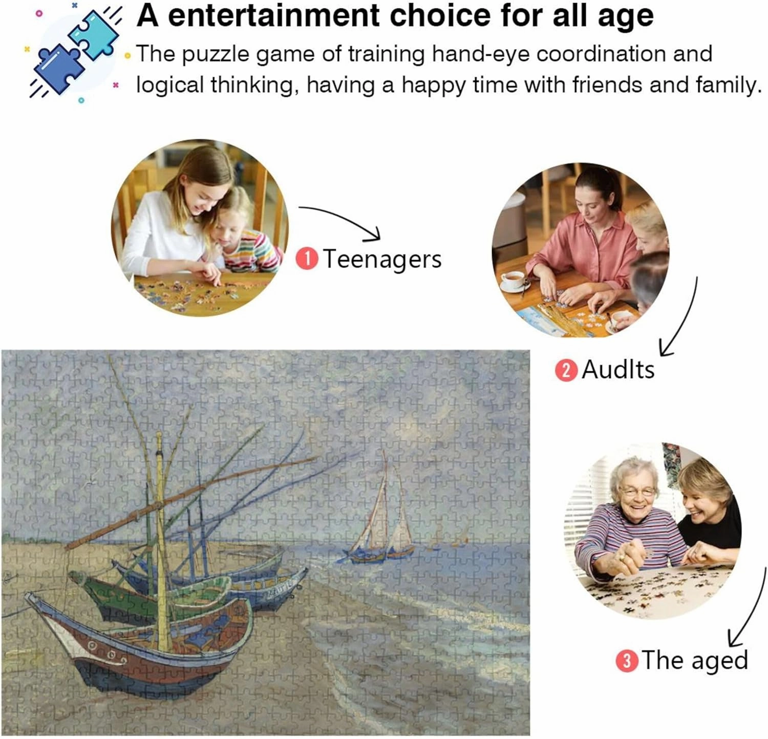 Vangogh Fishing Boats Beach Jigsaw Puzzle 500 Pieces for Adults Game Tech Gifts Fun Adult Toy Scenery Art Painting, 20.5x14.9 Inch
