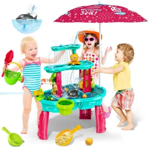 VATOS Sand Water Table Toys for Toddlers Kids - with Water Pumb & Umbrella 3-Tier Kids Splash Table, Water Play Toys for Outside Outdoor Backyard, Toddler Sand Sensory Table for Boys Girls