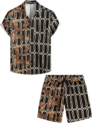 VATPAVE Mens Flamingo Hawaiian Sets Casual Short Sleeve Button Down Shirts Beach Outfits