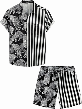 VATPAVE Mens Flamingo Hawaiian Sets Casual Short Sleeve Button Down Shirts Beach Outfits